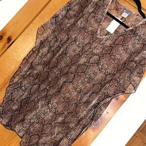 Jordan Taylor Blouse Snake animal print V Neck Sheer Swim Cover Up Brown Black M